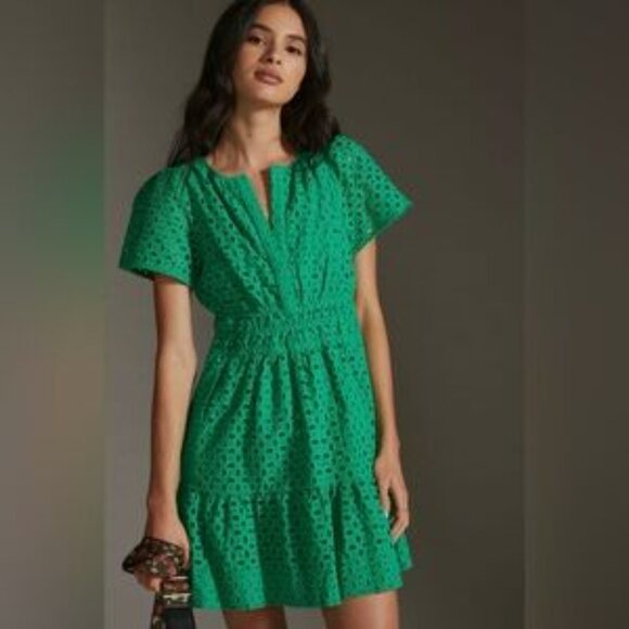 By Anthropologie Somerset Mini Dress Eyelet Edition Kelly Green Petite Size XSP - Picture 1 of 8